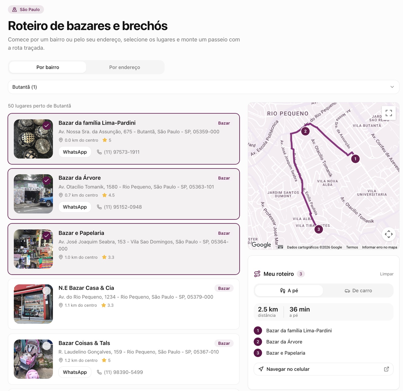 Prévia do roteiro de bazares e brechós de São Paulo, com lista de lugares e rota traçada no mapa